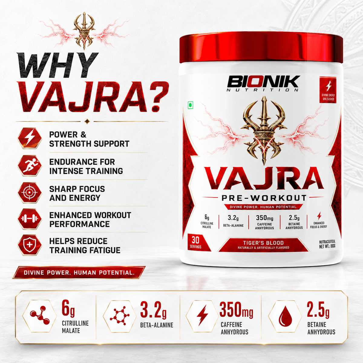 BIONIK NUTRITION Vajra Pre-Workout supplement container with label, showcasing the Bionik Nutrition pre-workout powder for energy.
