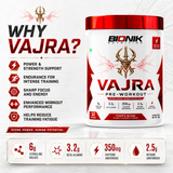 BIONIK NUTRITION Vajra Pre-Workout supplement container with label, showcasing the Bionik Nutrition pre-workout powder for energy.