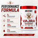 Bionik Nutrition Vajra Pre-Workout supplement container with scoop, showing label details and vibrant packaging.