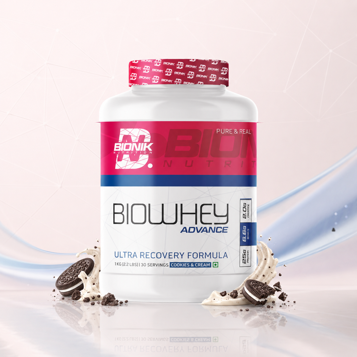BIONIK NUTRITION Bio Whey Protein powder container showing the label for whey protein with BCAAs and creatine supplement.