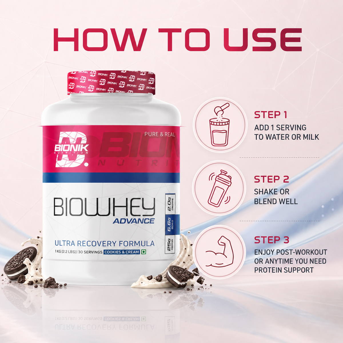 BIONIK NUTRITION Bio Whey Protein powder container, 1kg, with BCAAs and creatine, for protein supplement and muscle support.