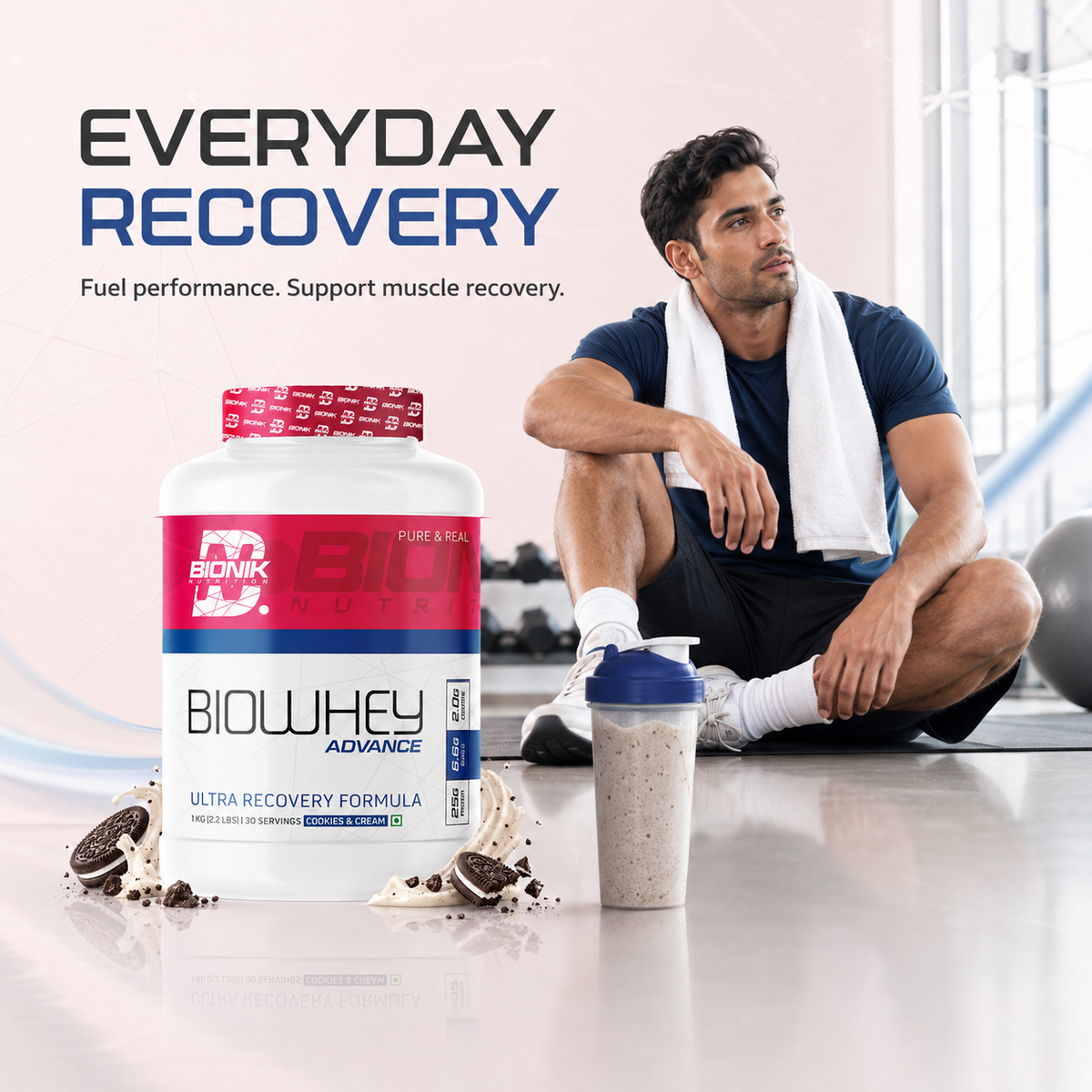 BIONIK NUTRITION Bio Whey Protein powder container, 1kg, with BCAAs and creatine, for muscle recovery and fitness support.