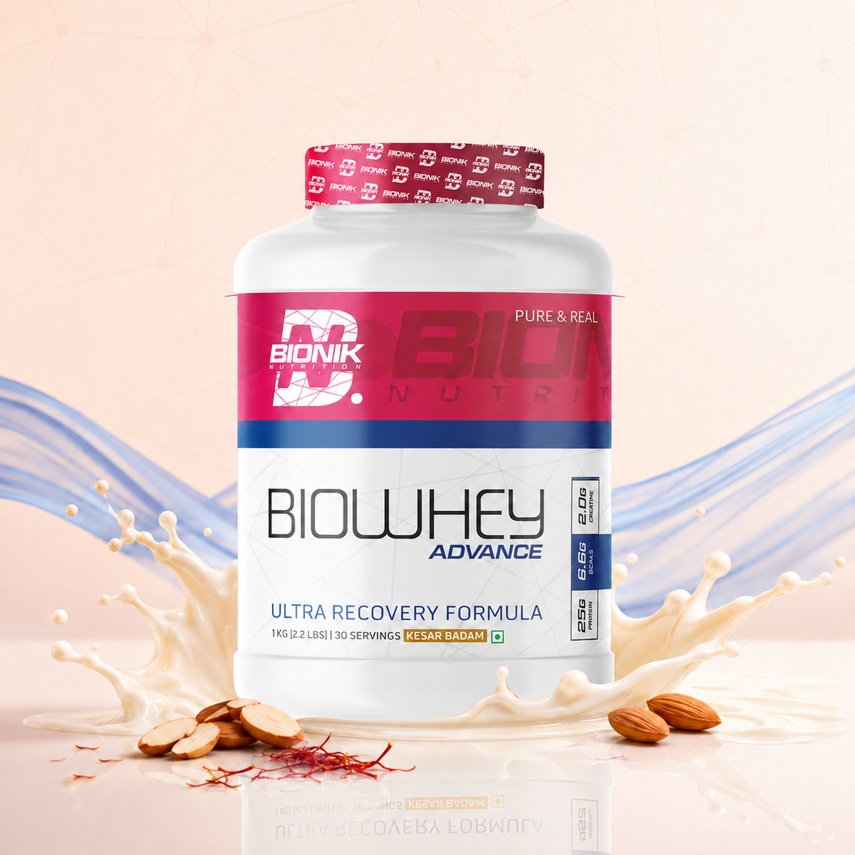 BIONIK NUTRITION Bio Whey Protein powder container showing label with whey protein, BCAAs, and creatine, 1 kg size.