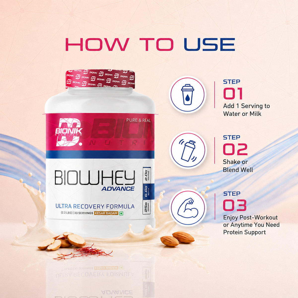 BIONIK NUTRITION Bio Whey Protein powder container, a whey protein supplement with BCAAs and creatine for muscle support.