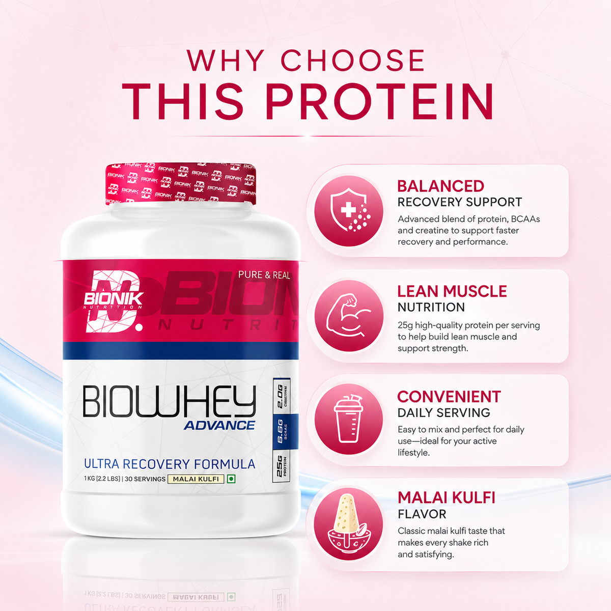 BIONIK NUTRITION Bio Whey Protein powder container, whey protein supplement with BCAAs and creatine, 1 kg jar.