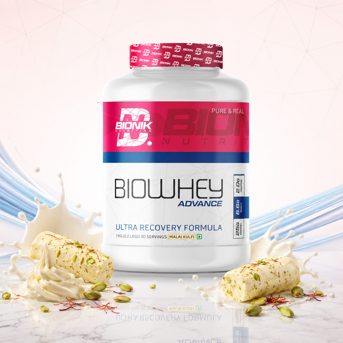 BIONIK NUTRITION Bio Whey Protein powder container with BCAAs and Creatine, 1kg, showcasing the supplement packaging.