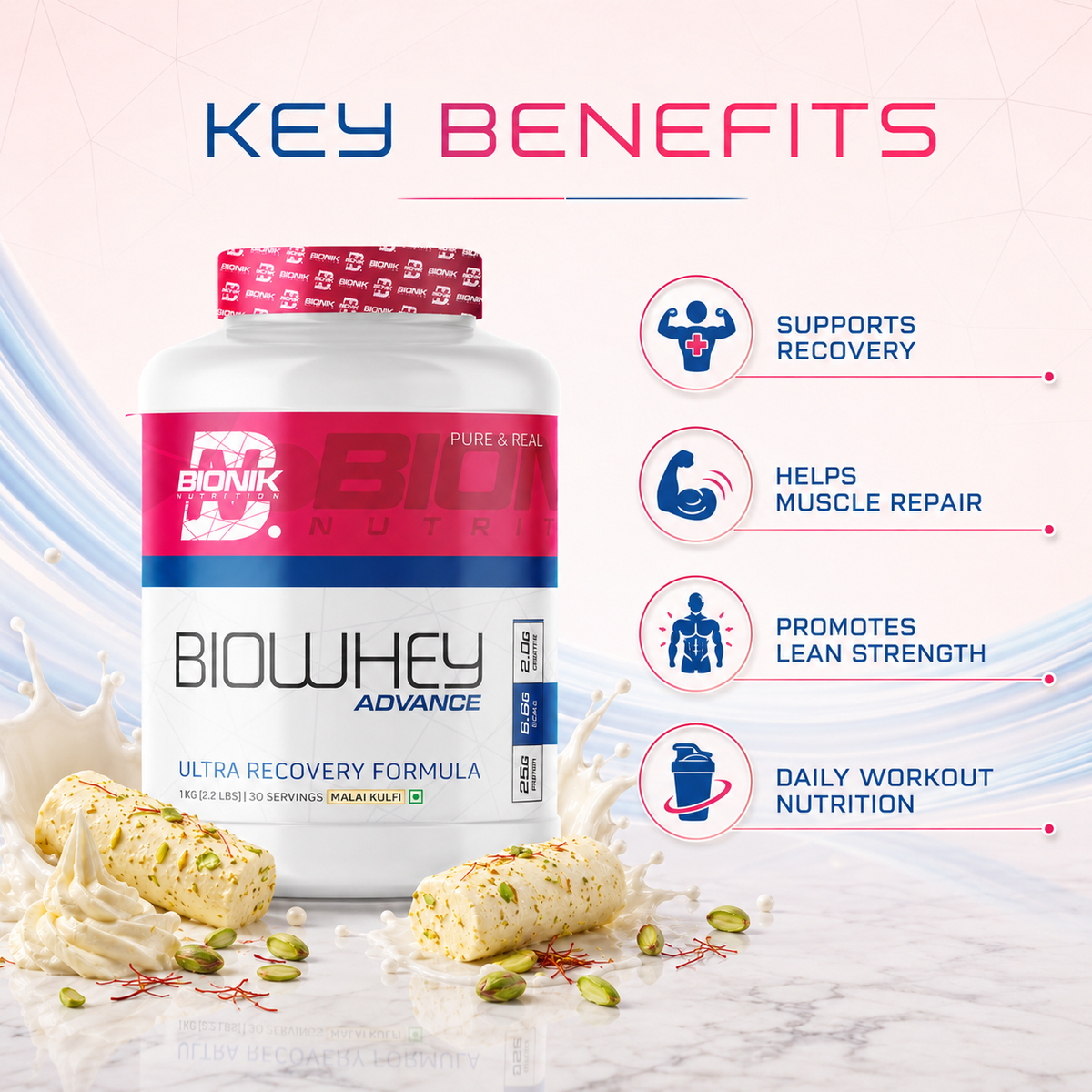 BIONIK NUTRITION Bio Whey Protein powder container, showing whey protein supplement with BCAAs and creatine for muscle support