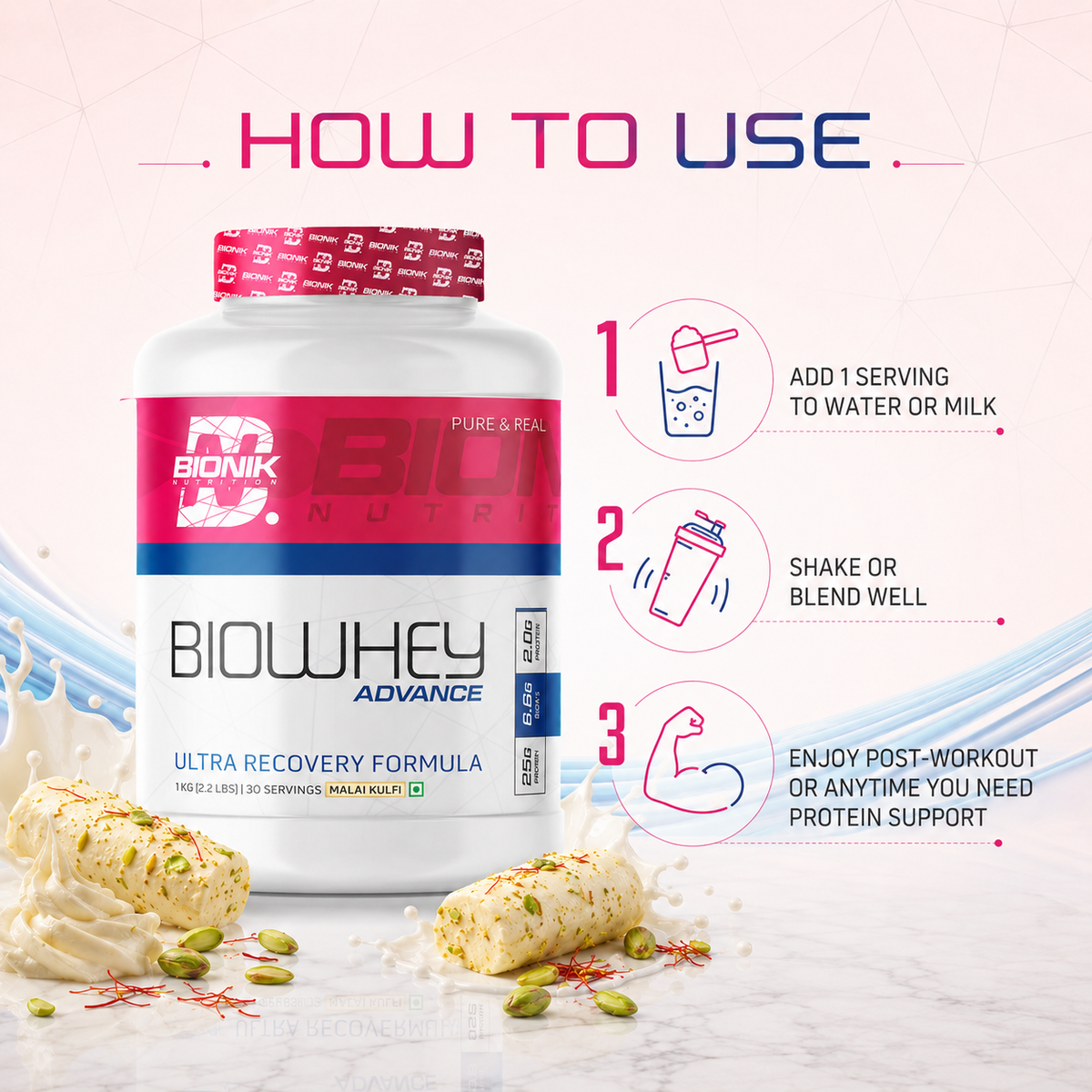 BIONIK NUTRITION Bio Whey Protein powder container with whey, BCAAs, and creatine for muscle recovery and fitness.