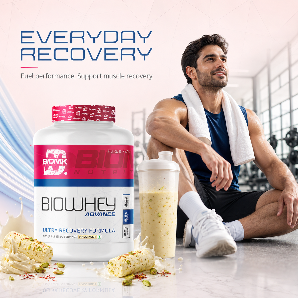 BIONIK NUTRITION Bio Whey Protein powder container, 1 kg, with BCAAs and creatine, for muscle recovery and fitness.