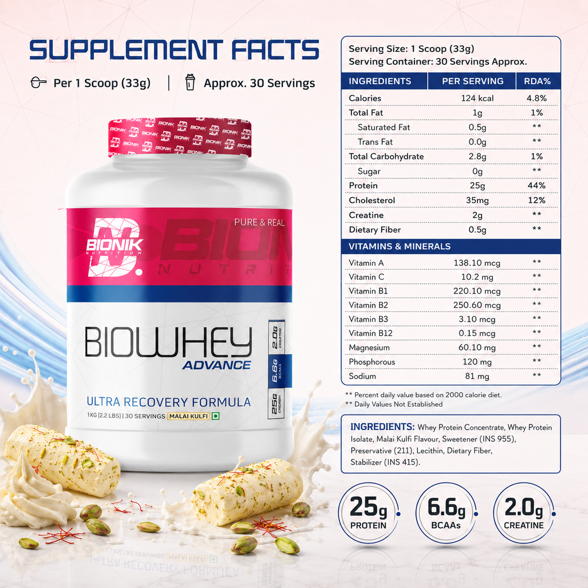 BIONIK NUTRITION Bio Whey Protein powder container showing the label for whey protein with BCAAs and creatine supplement.