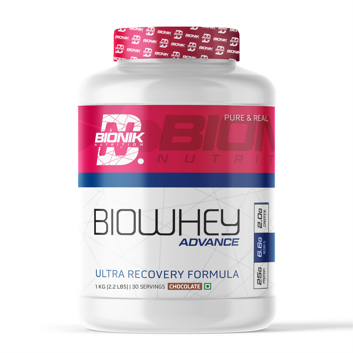 BIONIK NUTRITION Bio Whey Protein powder container with label showing whey protein supplement with BCAAs and creatine.