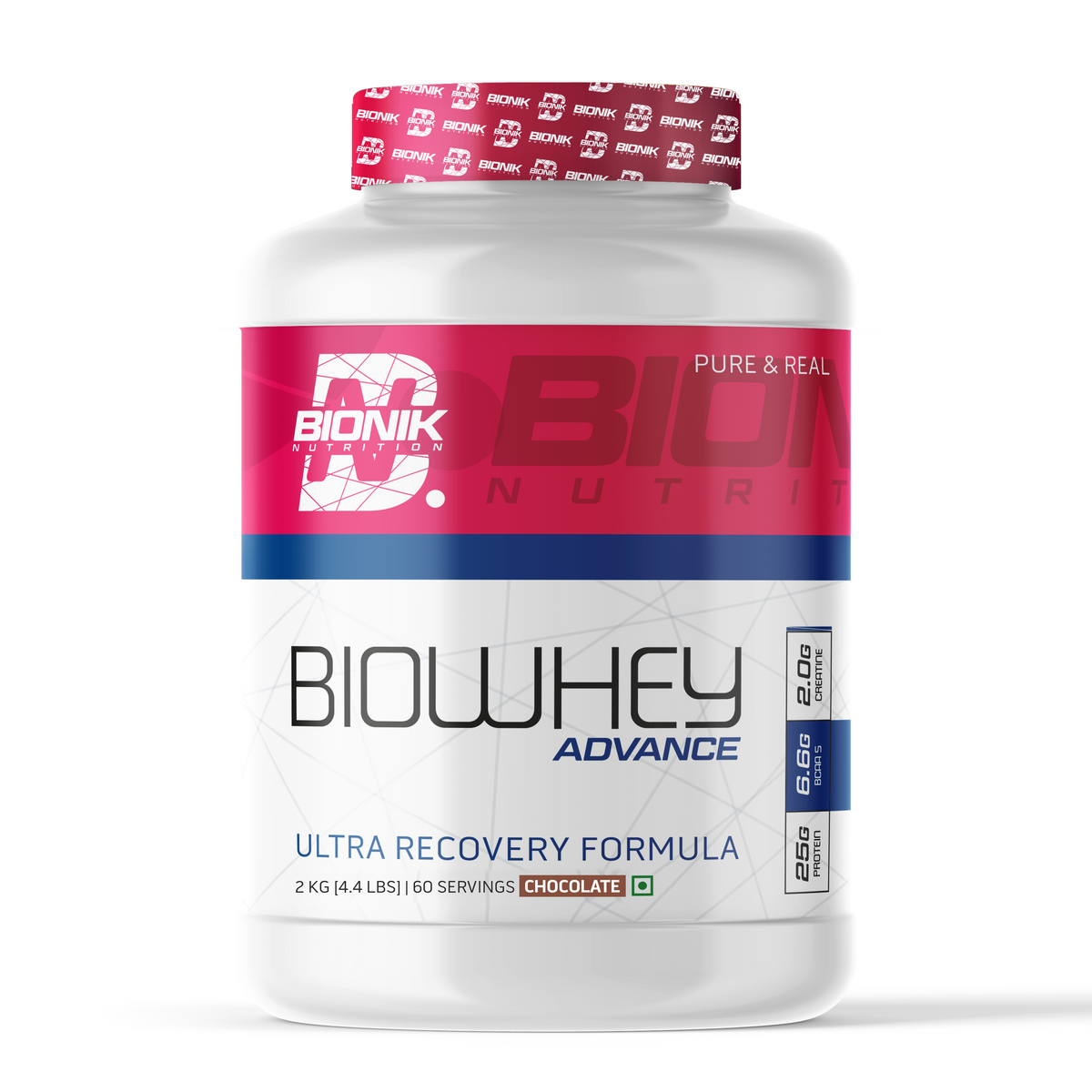 BIONIK NUTRITION Bio Whey Protein powder container, 1kg, with BCAAs and creatine, for muscle recovery and fitness support