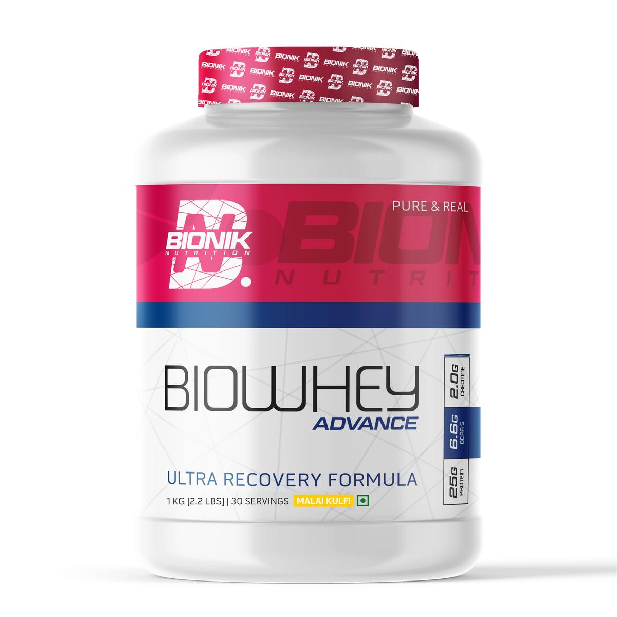 BIONIK NUTRITION Bio Whey Protein powder container, 1 kg, with BCAAs and Creatine, for protein supplement and muscle recovery