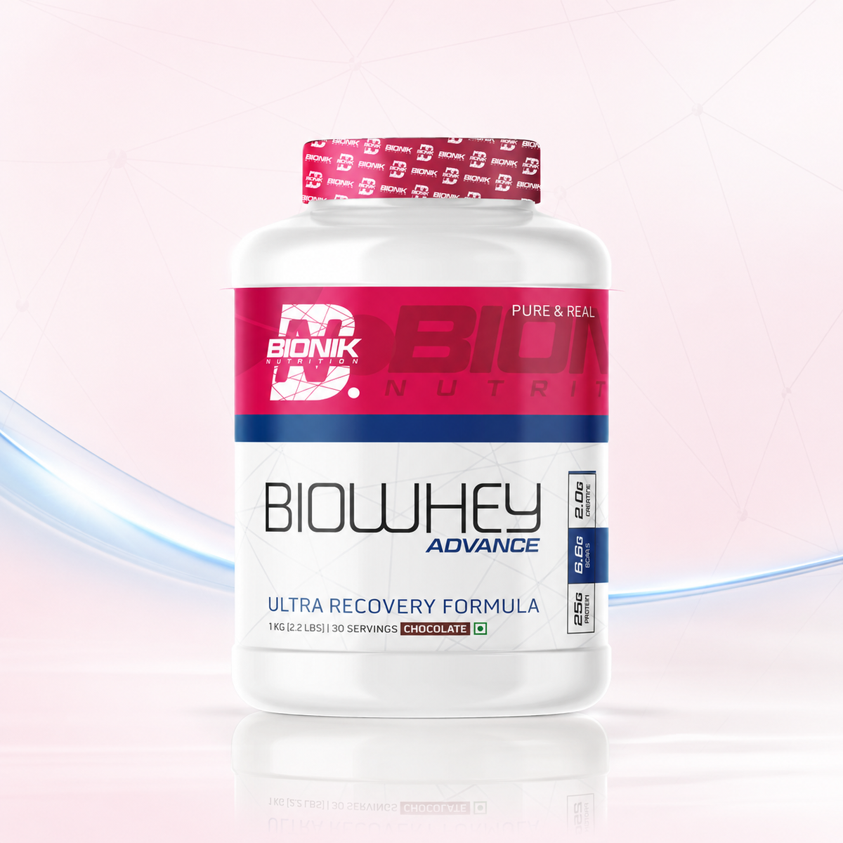 BIONIK NUTRITION Bio Whey Protein powder container with BCAAs and creatine, 1 kg, showing the supplement packaging and label.