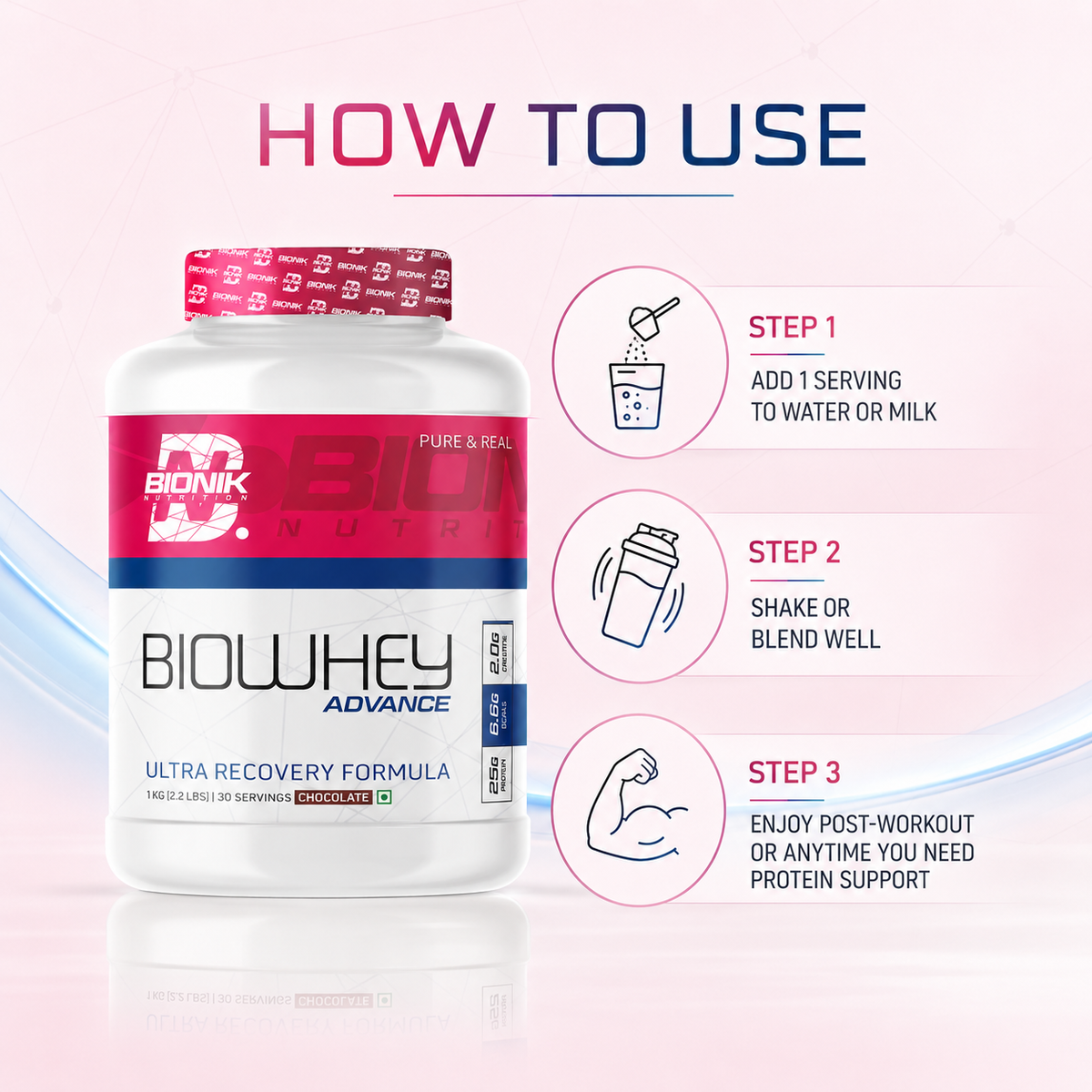 BIONIK NUTRITION Bio Whey Protein powder container with BCAAs and creatine for muscle support, 1kg protein supplement.