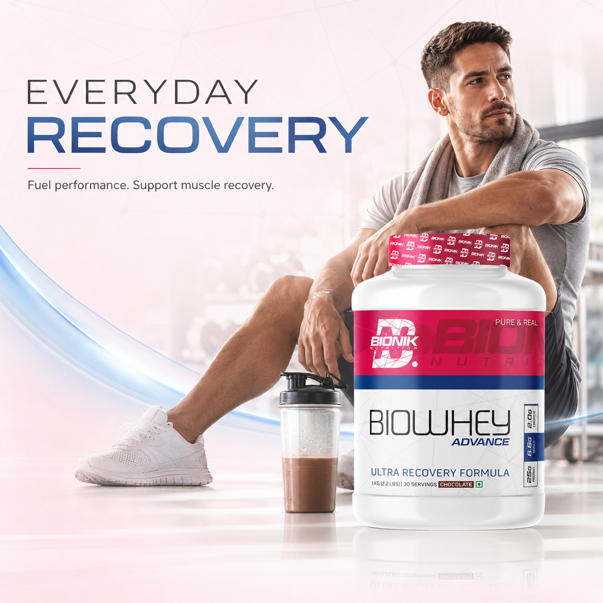 BIONIK NUTRITION Bio Whey Protein powder jar, featuring whey protein with BCAAs and creatine, 1 kg container.