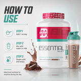 BIONIK NUTRITION Essential Whey Protein powder with fibre and glutamine, 1 kg or 2 kg, in a white container with label.