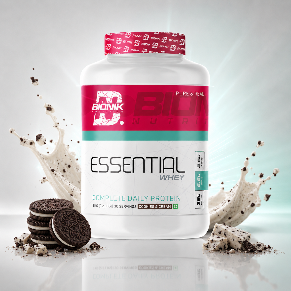BIONIK NUTRITION Essential Whey Protein powder with fibre and glutamine, 1 kg or 2 kg container, protein supplement for muscle support.