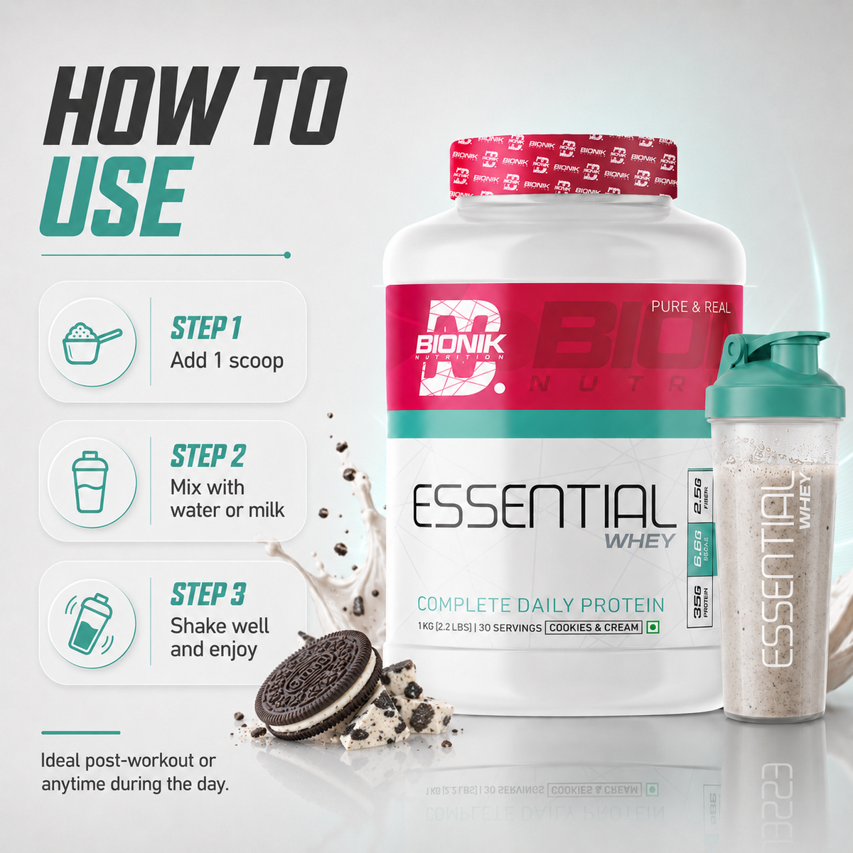 BIONIK NUTRITION Essential Whey Protein powder with fiber and glutamine, 1 kg or 2 kg container, for muscle support and recovery.