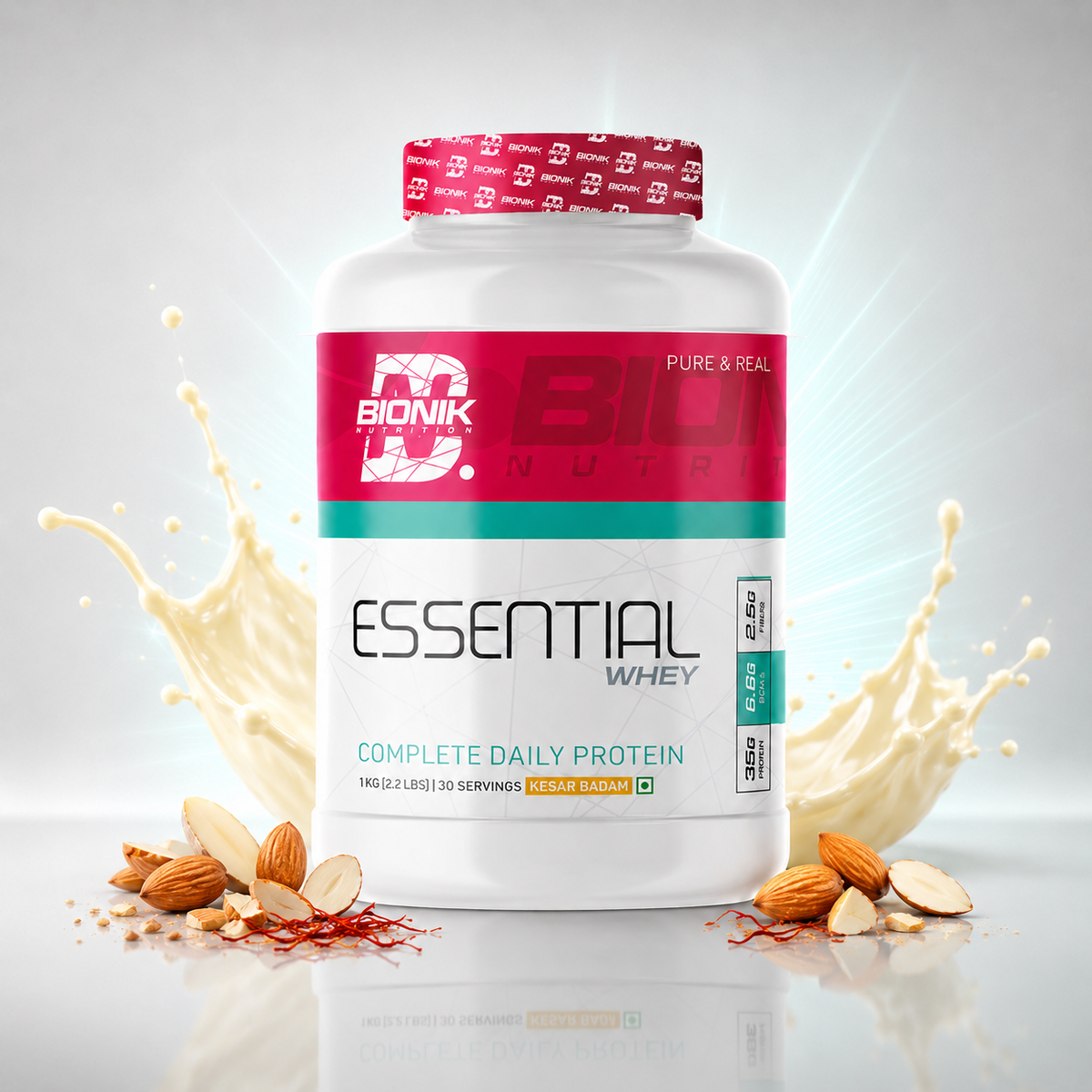 BIONIK NUTRITION Essential Whey Protein powder in 1 kg package, featuring whey, fibre, and glutamine for muscle recovery.
