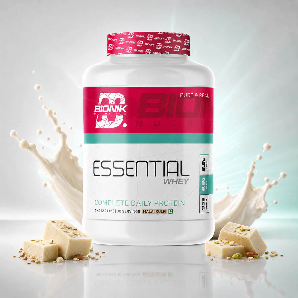 BIONIK NUTRITION Essential Whey Protein powder with fibre and glutamine in 1kg or 2kg container, protein supplement for muscle support.