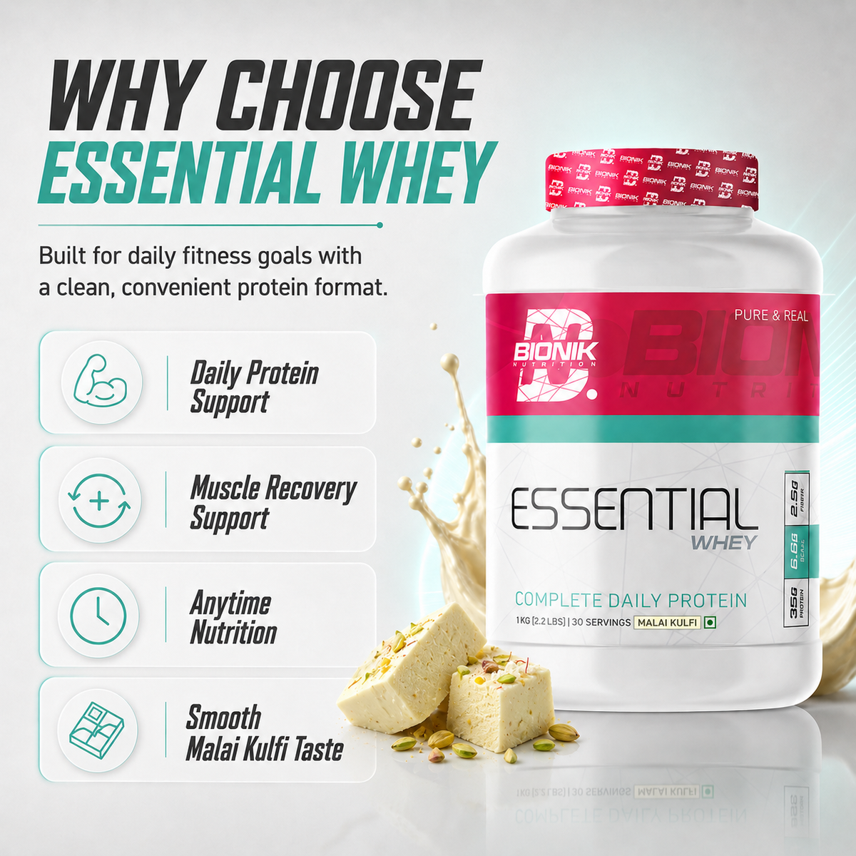 BIONIK NUTRITION Essential Whey Protein powder with fibre and glutamine in 1kg or 2kg containers, for muscle recovery and nutrition.