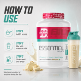 BIONIK NUTRITION Essential Whey Protein powder with fibre and glutamine, 1 kg or 2 kg container, showing the protein supplement packaging.