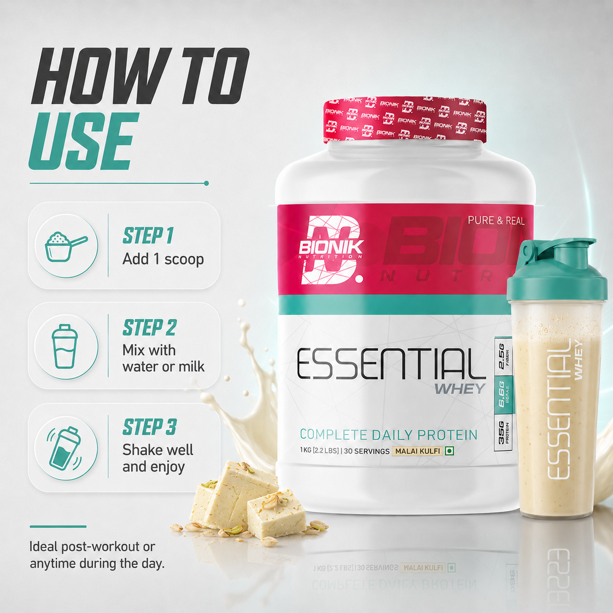 BIONIK NUTRITION Essential Whey Protein powder with fibre and glutamine, 1 kg or 2 kg container, showing the protein supplement packaging.