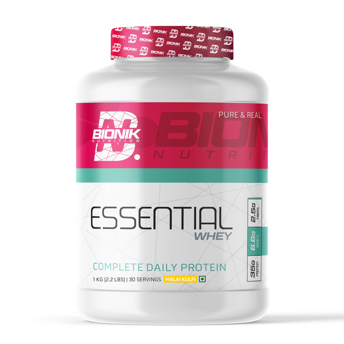 BIONIK NUTRITION Essential Whey Protein powder with fiber and glutamine in 1kg or 2kg packaging, displayed in a jar and scoop.