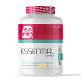 BIONIK NUTRITION Essential Whey Protein powder with fiber and glutamine in 1kg or 2kg packaging, displayed in a jar and scoop.