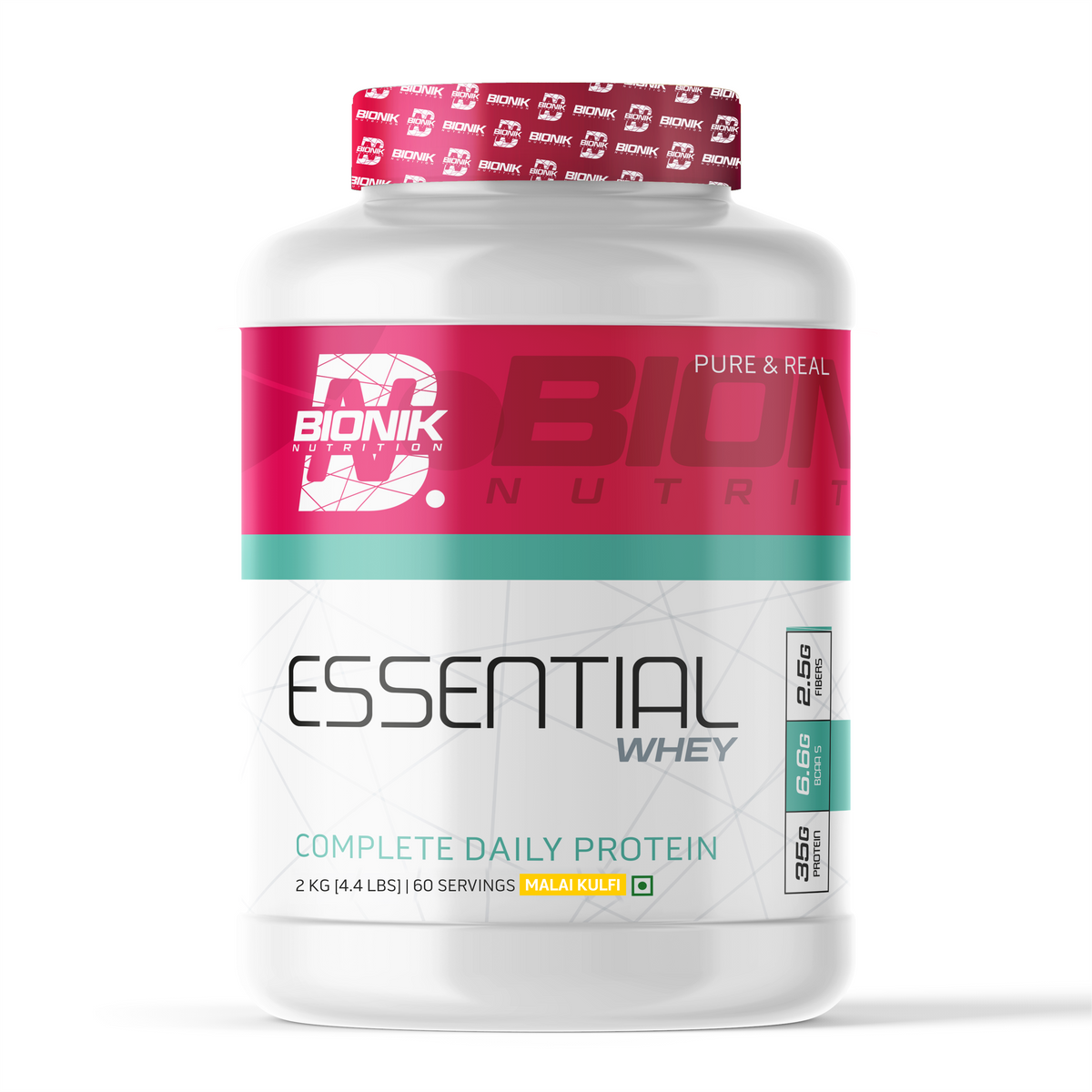 BIONIK NUTRITION Essential Whey Protein powder with fibre and glutamine in 1kg or 2kg packaging, shown in a container with scoop