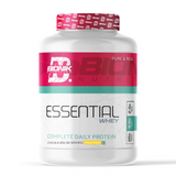 BIONIK NUTRITION Essential Whey Protein powder with fibre and glutamine in 1kg or 2kg packaging, shown in a container with scoop