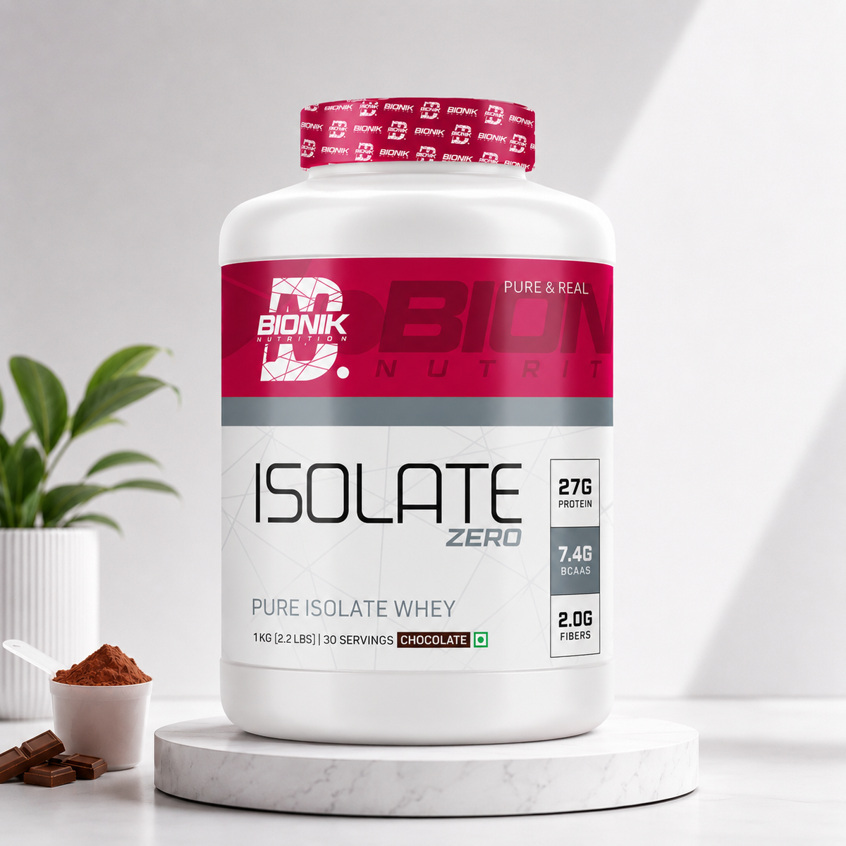 BIONIK NUTRITION Isolate Whey Protein powder container, 1 kg, showing the label and product packaging for protein supplement.