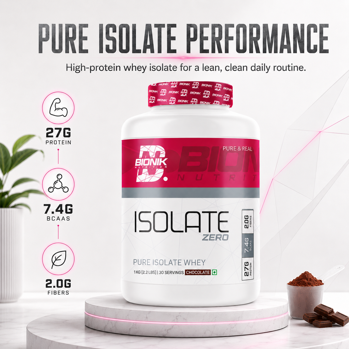 BIONIK NUTRITION Isolate Whey Protein powder in 1kg container, premium whey isolate supplement for muscle recovery and fitness.