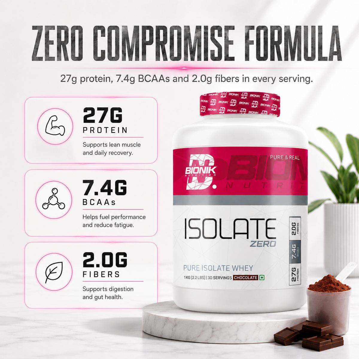 BIONIK NUTRITION Isolate Whey Protein powder container with label, 1kg size, showing whey isolate supplement for muscle recovery.