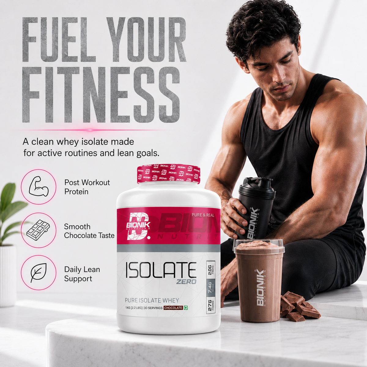 BIONIK NUTRITION Isolate Whey Protein powder container showing label with product name and 1kg size for protein supplement.