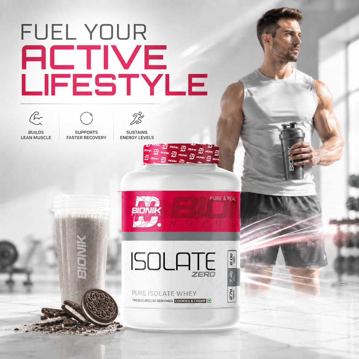 BIONIK NUTRITION Isolate Whey Protein powder container, 1kg, high-quality whey isolate supplement with label and scoop