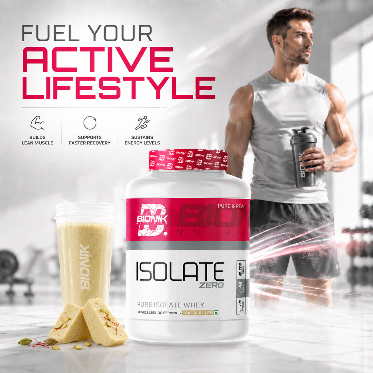 BIONIK NUTRITION Isolate Whey Protein powder container with label showing 1 kg of whey isolate supplement in a clean jar