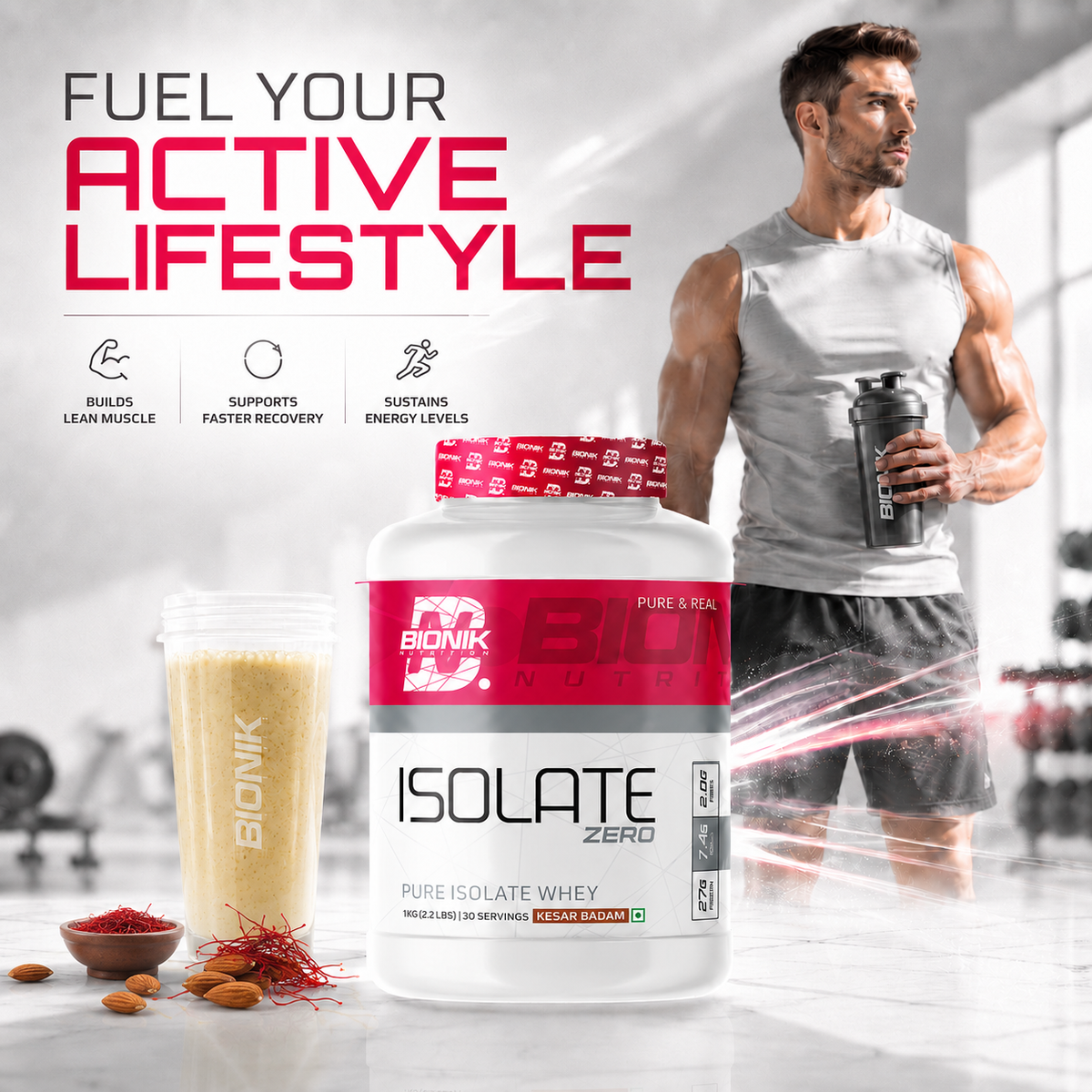 BIONIK NUTRITION Isolate Whey Protein powder in a 1kg container, showcasing the protein supplement packaging and label.