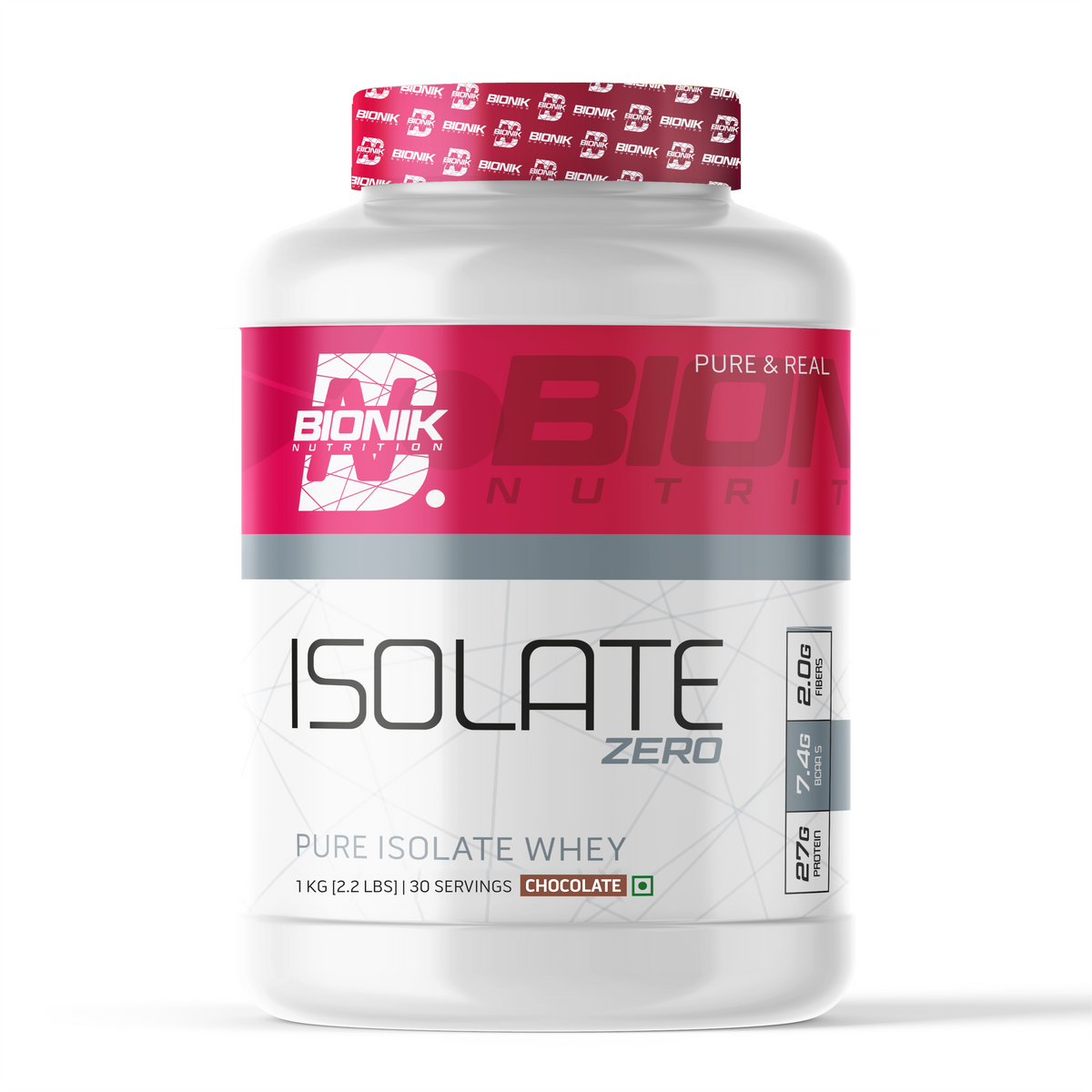 BIONIK NUTRITION Isolate Whey Protein powder container, 1 kg, showing product label with whey isolate zero supplement details.