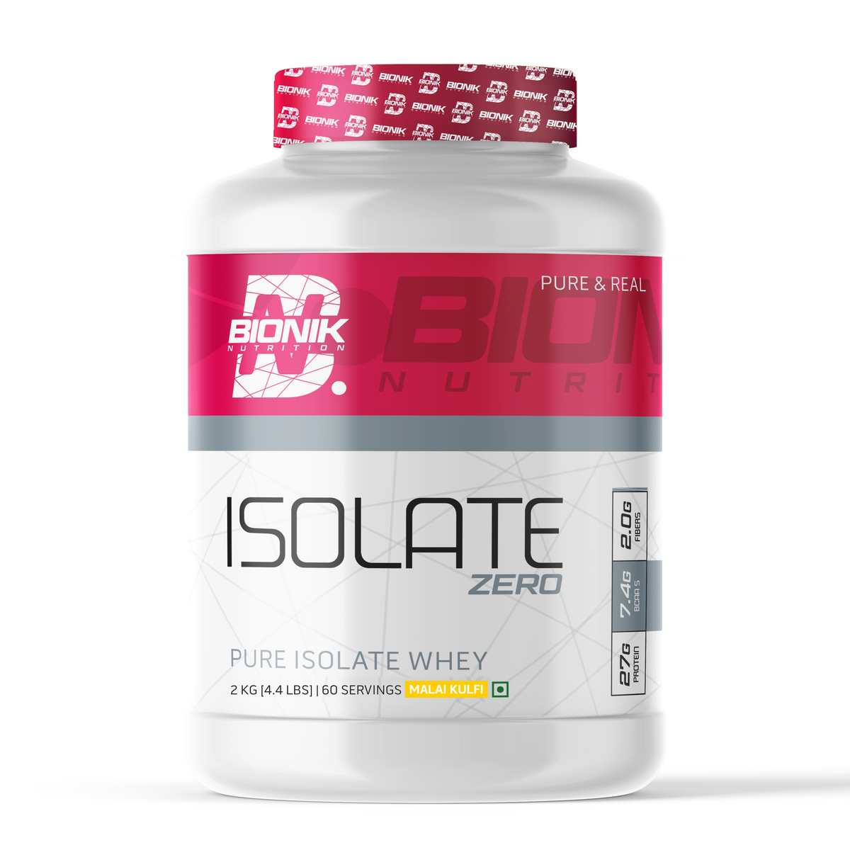 BIONIK NUTRITION Isolate Whey Protein powder container showing label with product name and brand for protein supplement.