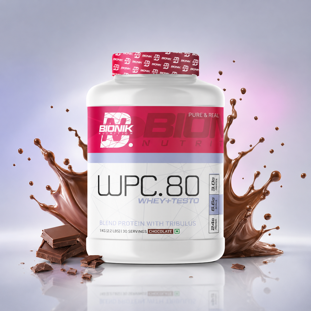 BIONIK NUTRITION WPC 80 Whey Protein Concentrate container with label highlighting Ashwagandha and Tribulus, 1kg protein supplement