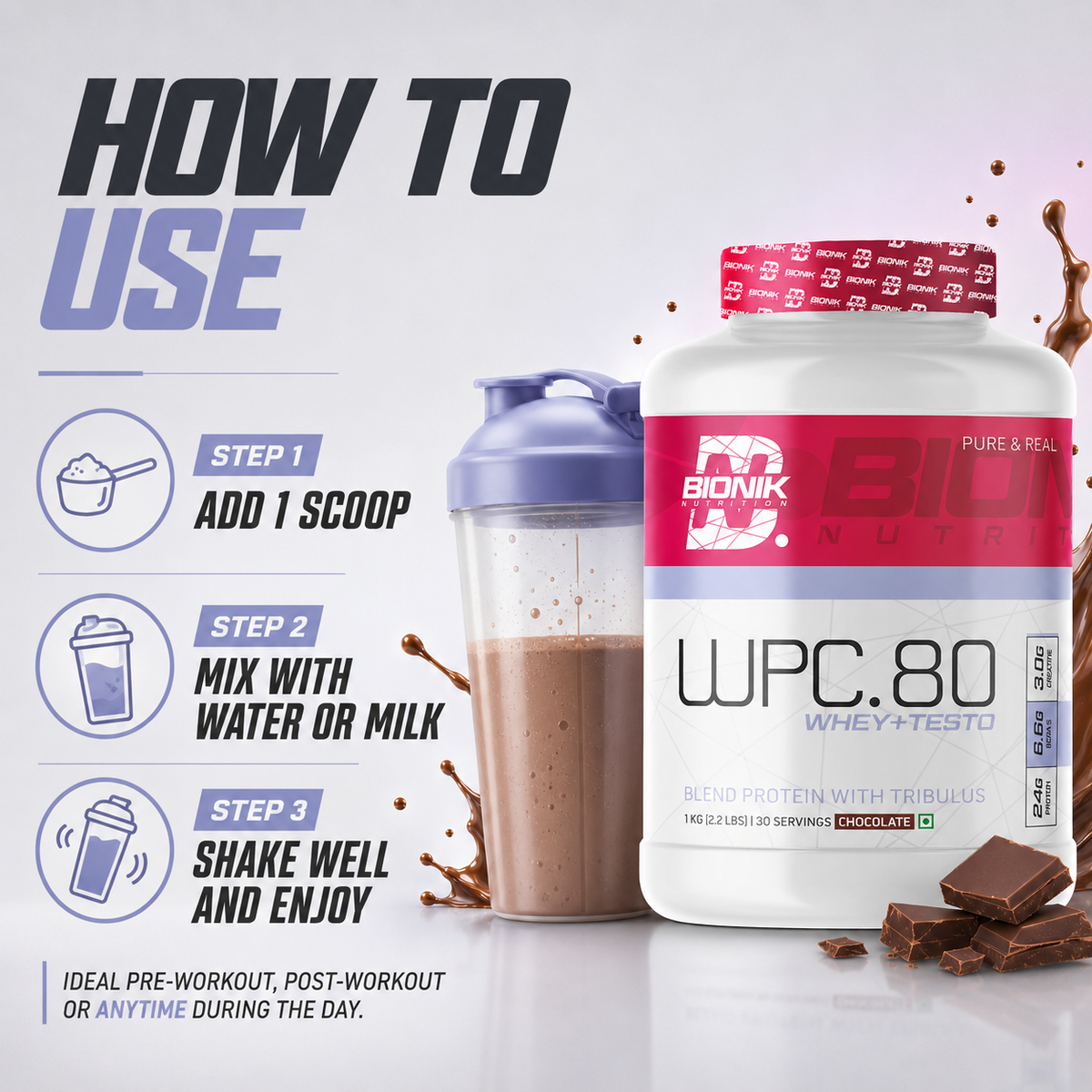 BIONIK NUTRITION WPC 80 Whey Protein Concentrate supplement container with label featuring whey protein, Ashwagandha, and Tribulus.