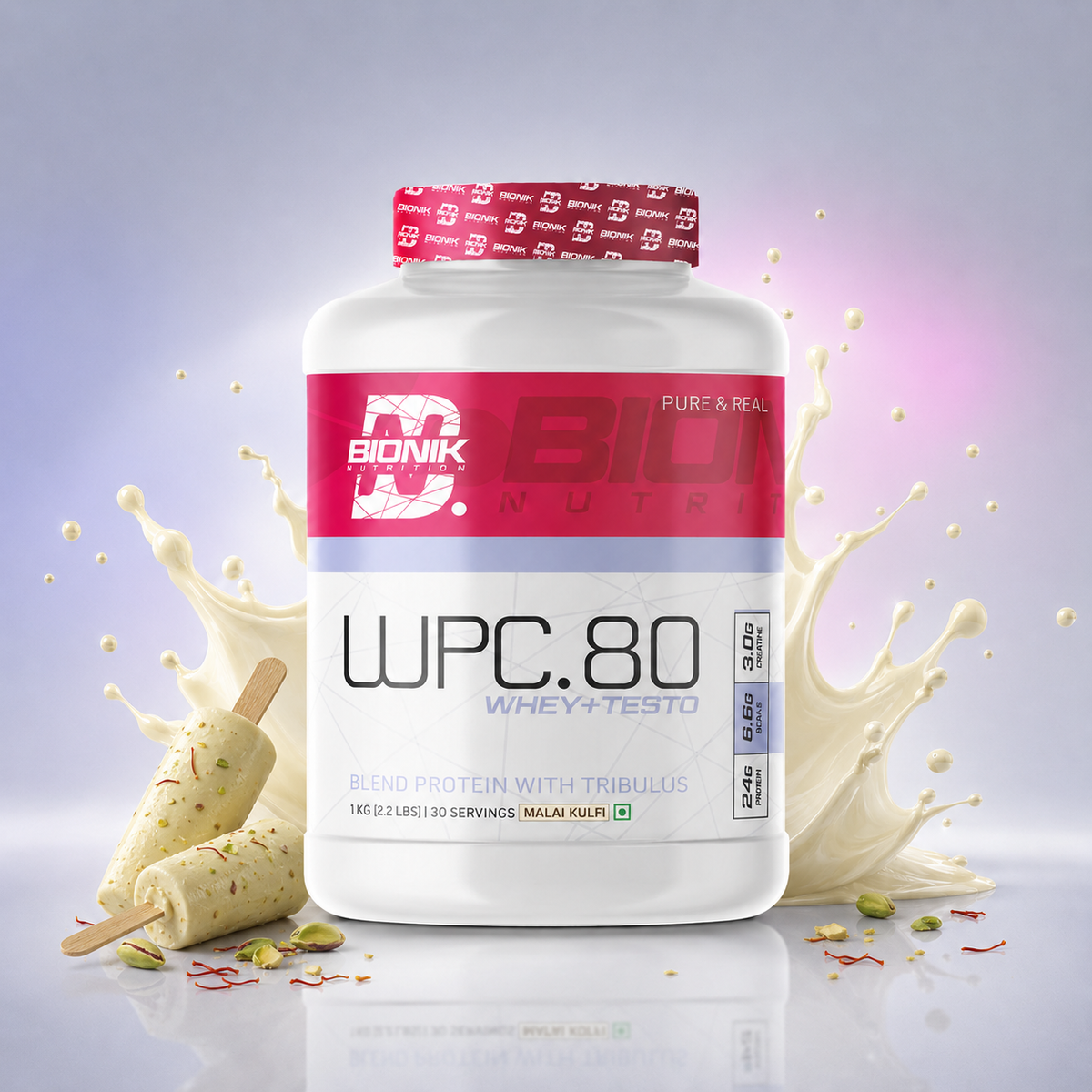 BIONIK NUTRITION WPC 80 whey protein supplement container with label, highlighting Ashwagandha and Tribulus ingredients.