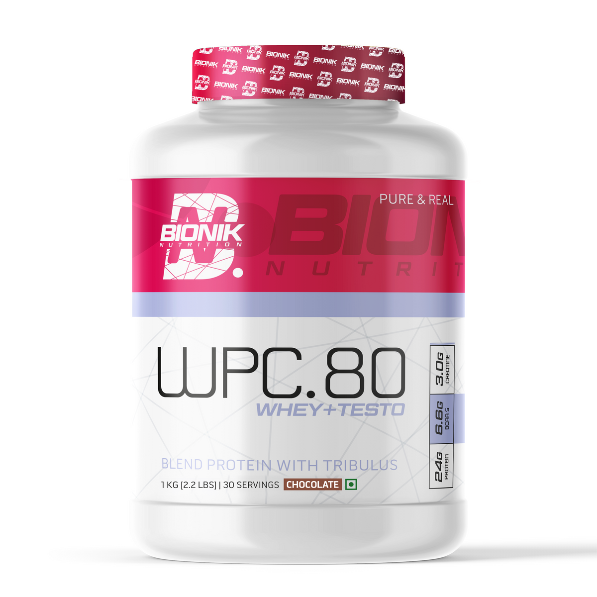 BIONIK NUTRITION WPC 80 whey protein concentrate supplement jar with label showing Ashwagandha and Tribulus ingredients.