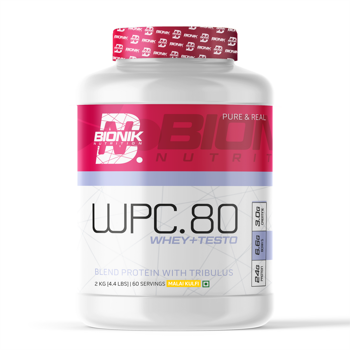 BIONIK NUTRITION WPC 80 Whey Protein Concentrate supplement jar with label featuring Ashwagandha and Tribulus ingredients.