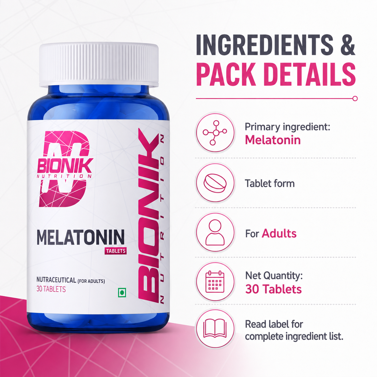 Bionik Nutrition Melatonin 10 mg sleep supplement tablets for adults, 30 count, in blister packaging.