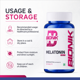 Bionik Nutrition Melatonin 10 mg sleep supplement tablets, 30 count, for adults, featuring orange and white packaging with bottle.