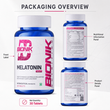 Bionik Nutrition Melatonin 10 mg sleep supplement tablets for adults, showing 30 tablets in a bottle on a white background.