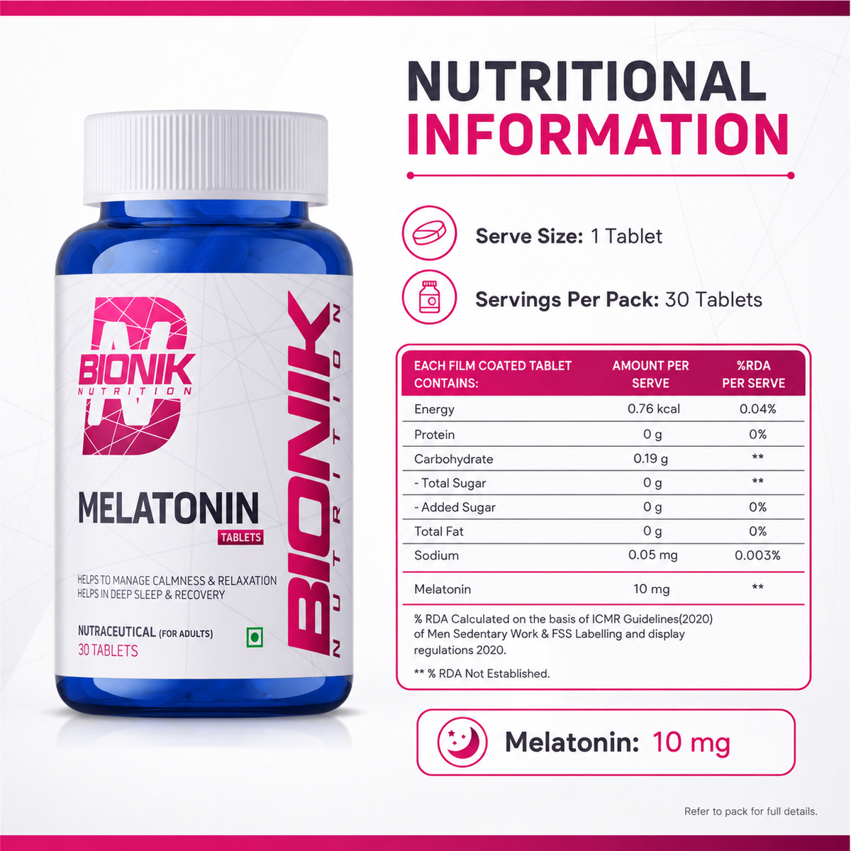 Bionik Nutrition Melatonin 10 mg sleep supplement tablets for adults, showing a bottle of 30 melatonin tablets.